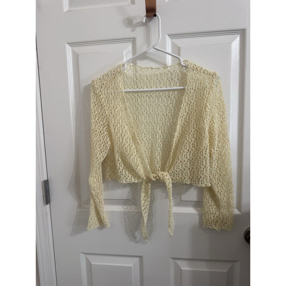 Y2K light Yellow open weave Shrug Cardigan Sweater, Tie Front, Bohemian